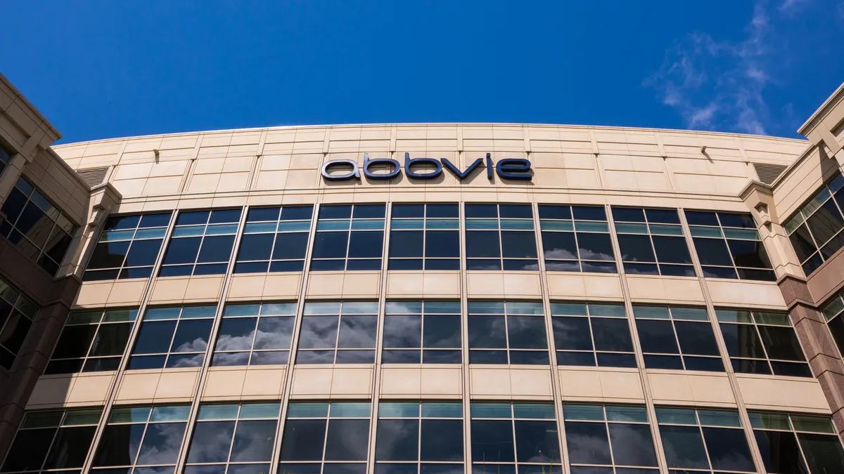 An AbbVie sign is seen on a building at the pharmaceutical company's U.S. headquarters.