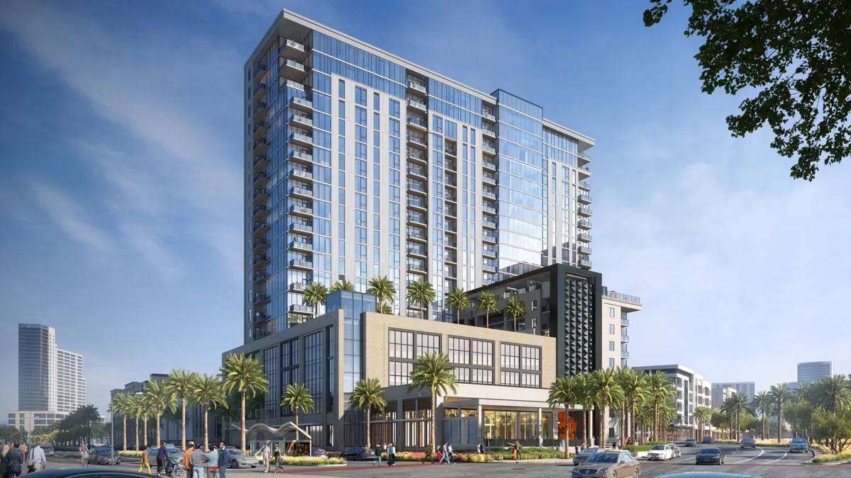 Rendering of a modern high-rise apartment building.