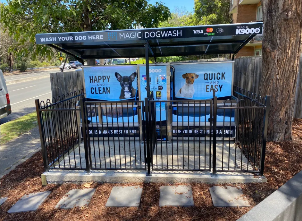 A pair of dog washing stations located outdoors.