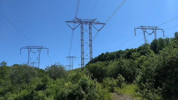Electric transmission lines crossing a shrubby area.
