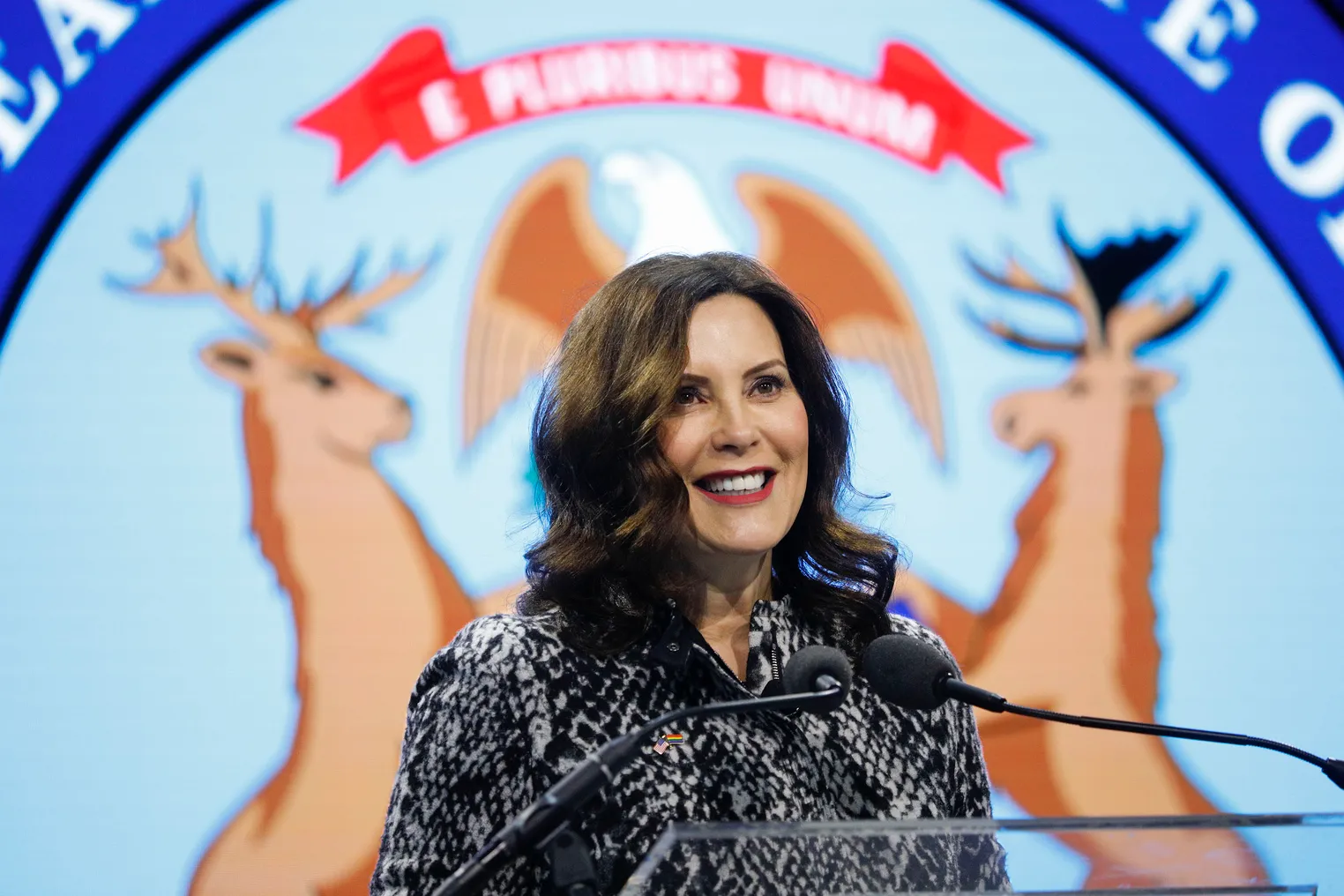 A politician stands in front of a podium with the seal of Michigan projected behind her.