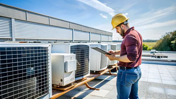 A man in a hard hat stands beside several air conditioning units on a construction site.