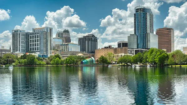 Orlando, Florida skyline with water in foreground