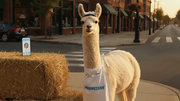 An AI-generated Lama wearing a Progressive apron with a Flo nametag.