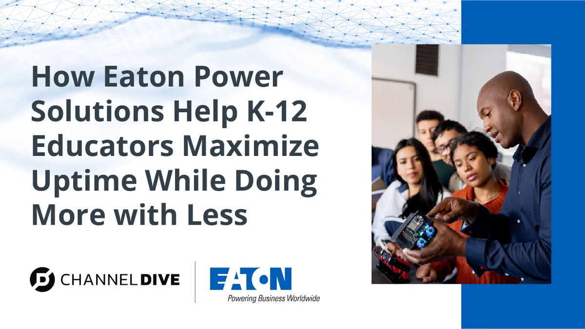 Eaton and Channel Dive cover titled “How Eaton Power Solutions Help K-12 Educators Maximize Uptime While Doing More with Less,” featuring a teacher demonstrating technology to students.