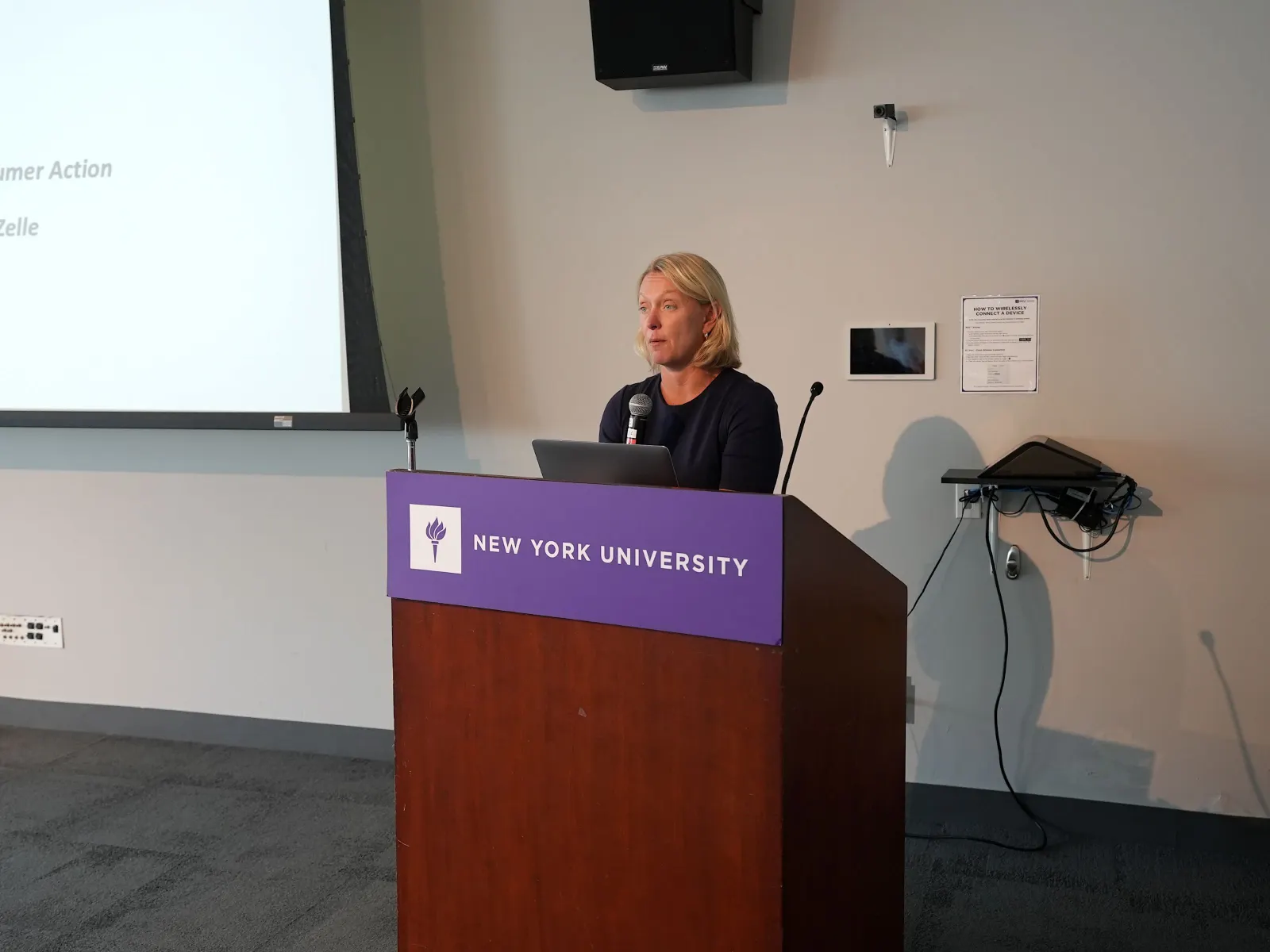 Zelle General Manager Denise Leonhard speaks at a fraud workshop in New York City on July 22.