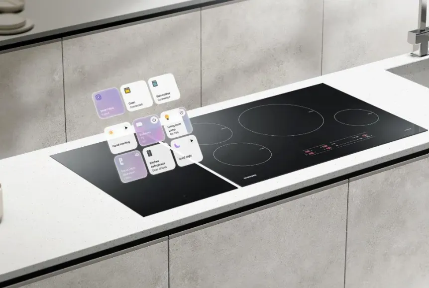 A stovetop with a floating display of app buttons next to it.