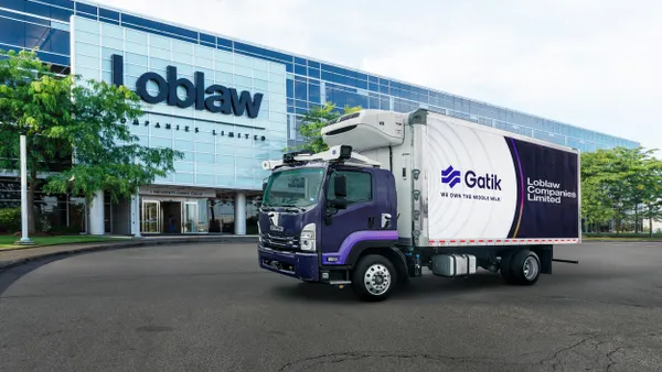 A Gatik autonomous truck parked outside Loblaws' headquarters.