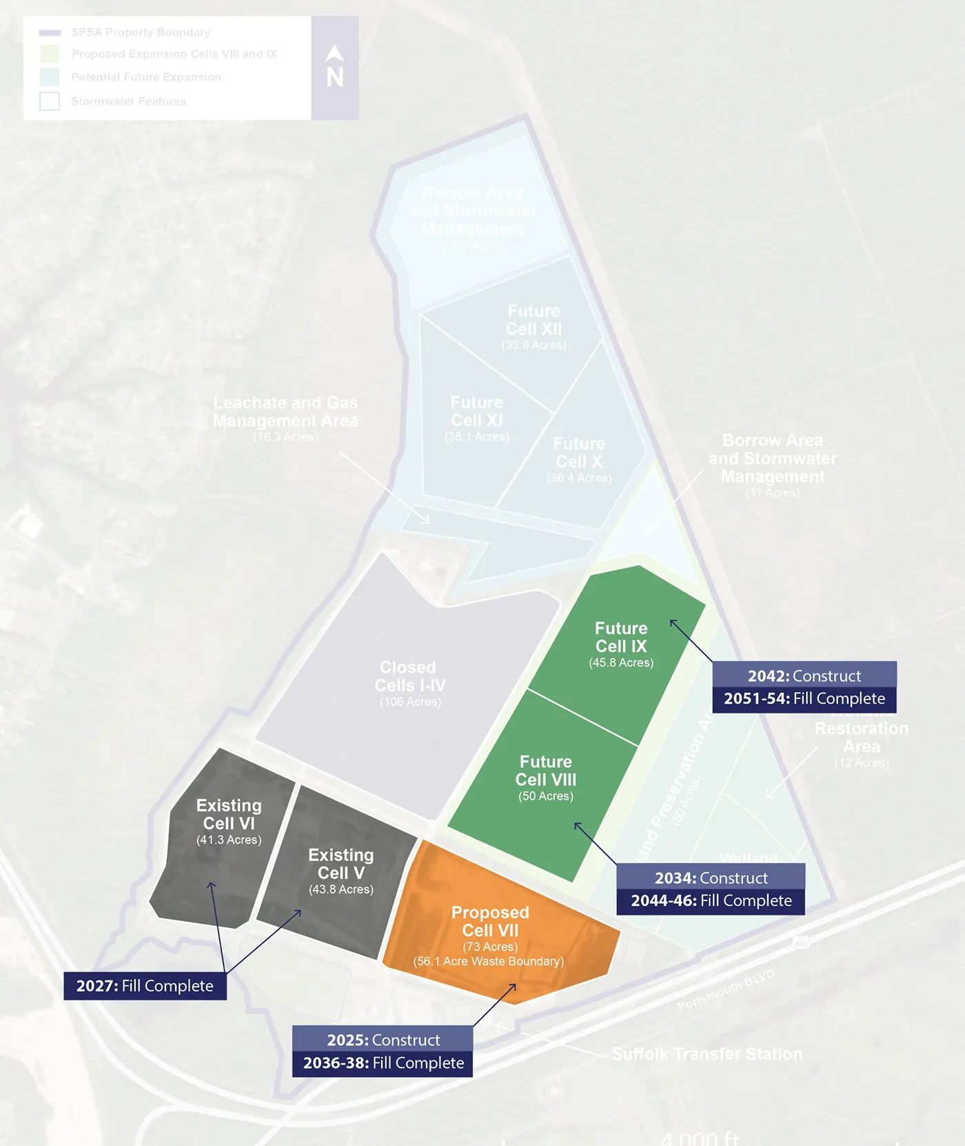 A map of SPSA&#x27;s planned expansion of its regional landfill in Suffolk shows the location of the new Cell VII as well as planned cells VIII and IX.