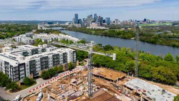 In an aerial view, the groundwork for apartments is seen undergoing construction in Austin, Texas.