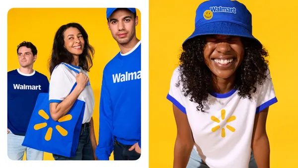 A diptych shows a trio of people sporting Walmart gear next to a photo of an individual wearing a Walmart bucket hat and T-shirt