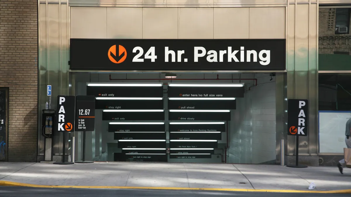 Entrance to an underground parking garage in New York City, New York.