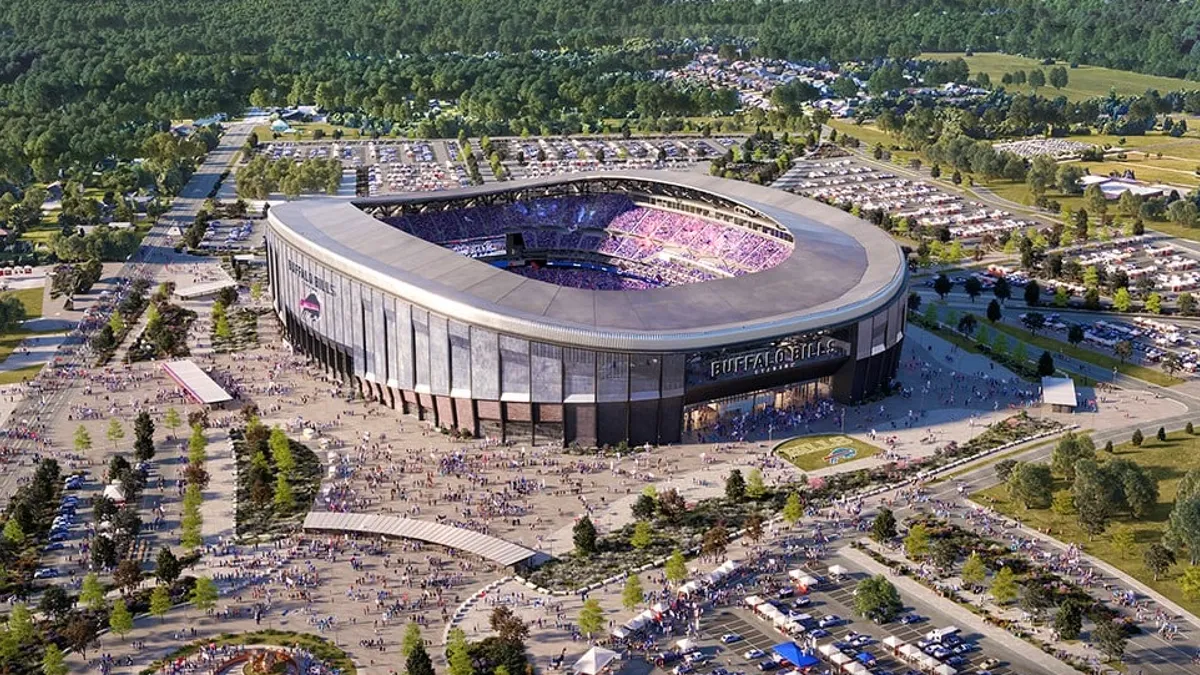 A rendering shows an aerial perspective of a new NFL stadium.