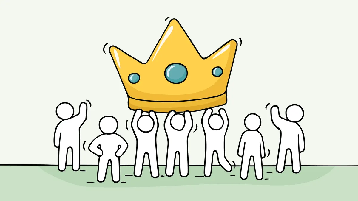 faceless figures holding up a large crown