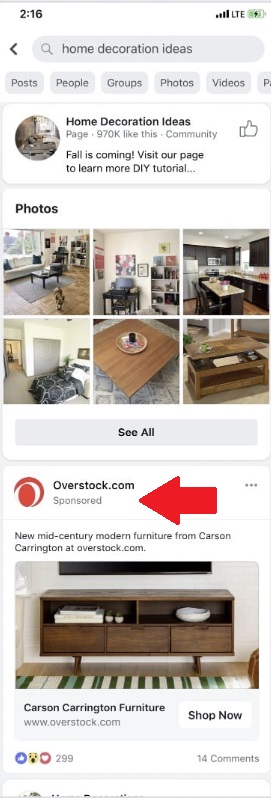 Facebook search ads example
