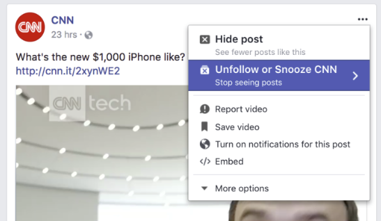 Facebook's snooze Page option