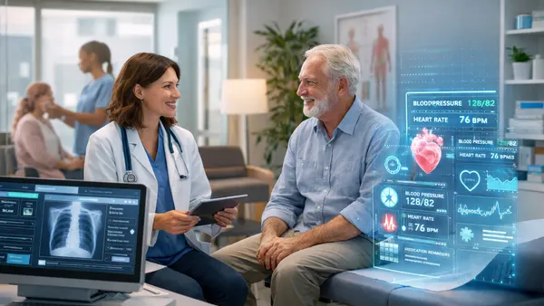 A doctor discusses health data with an elderly man in a modern clinic. A holographic display shows heart and blood pressure metrics, conveying a futuristic and caring atmosphere.