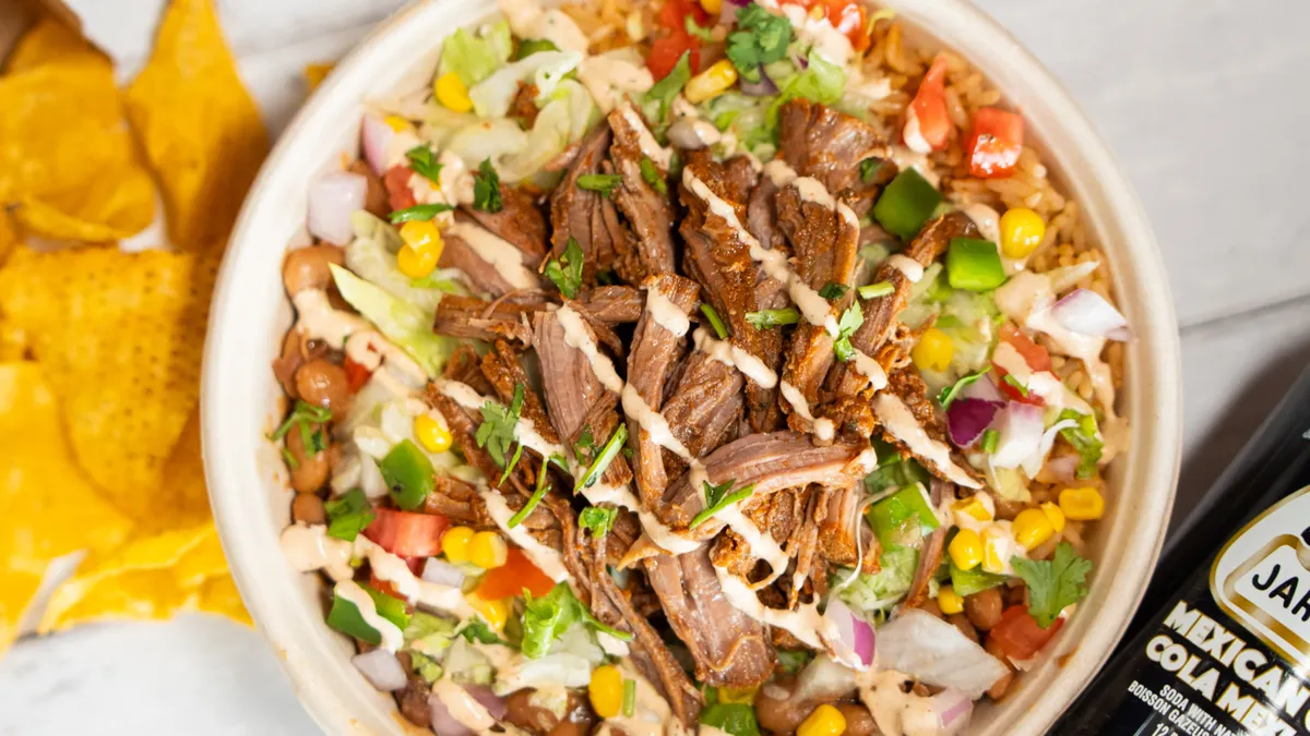 Burritobar's barbacoa bowl. Slow cooked, pulled beef on top of a variety of Tex-Mex ingredients.