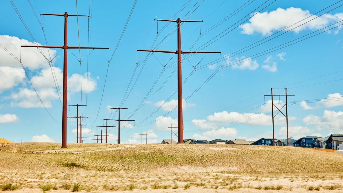 Rows of power line towers and electric wires run across a mowed power line corridor with homes and a blue sky in the background.