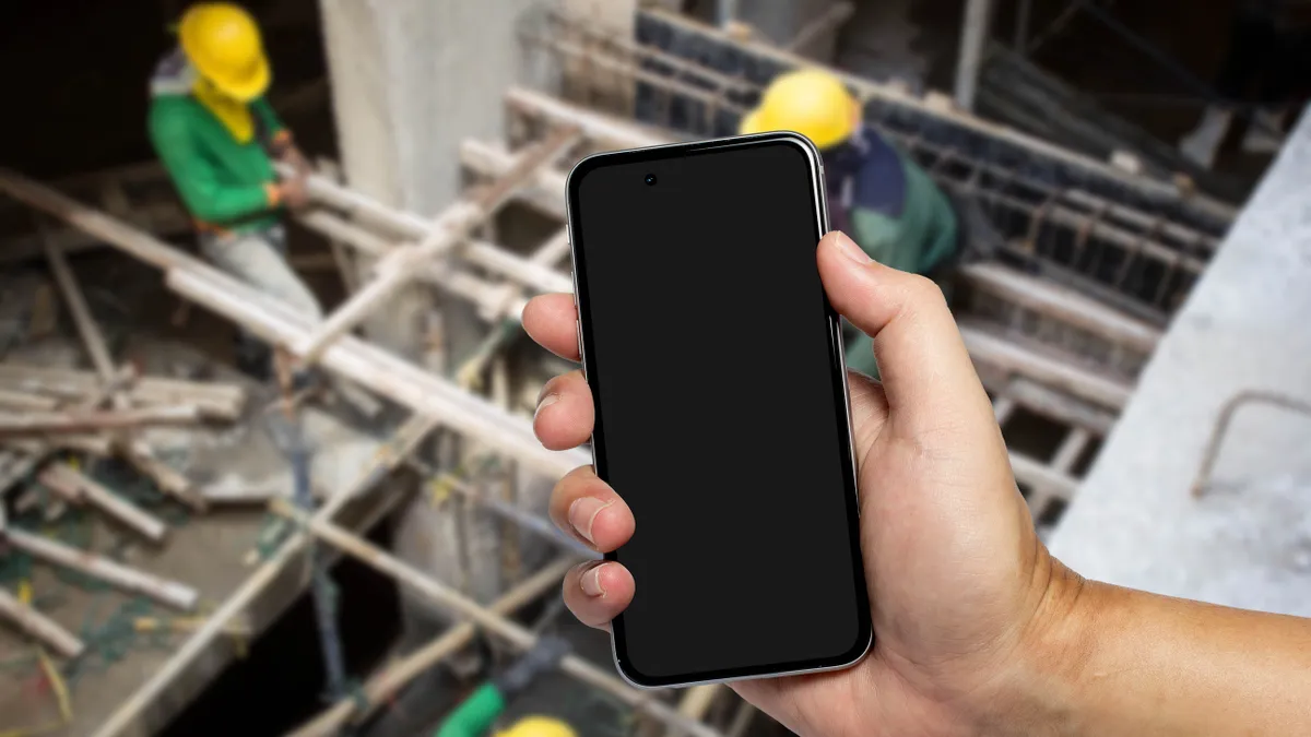 Closeup of hand holding a touch screen smart phone over blurred construction site background