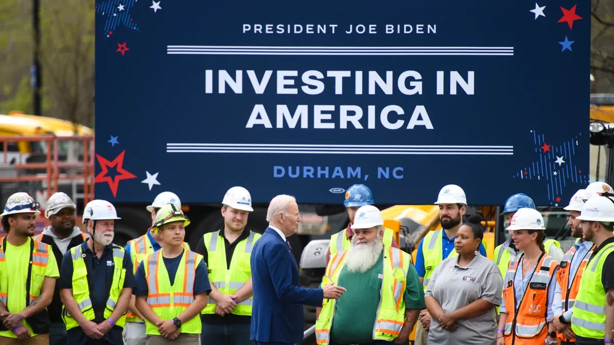 President Joe Biden greets union workers after a visit to Wolfspeed's North Carolina facility.