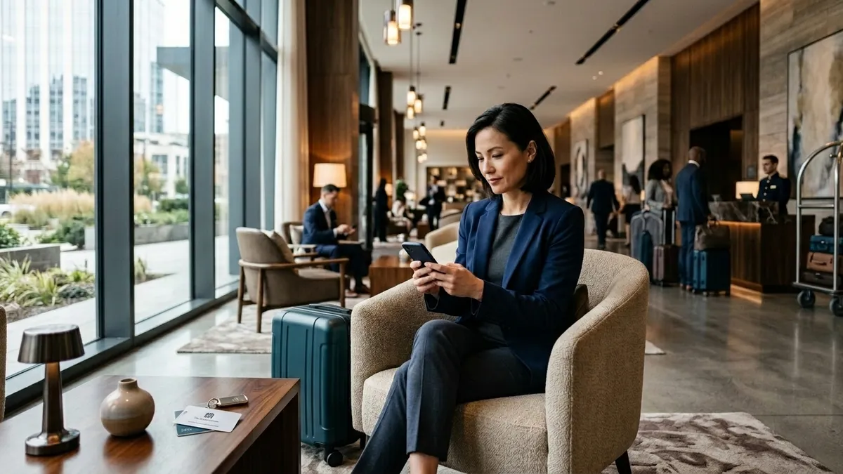 A modern hotel lobby with floor-to-ceiling windows, contemporary furniture, and travelers engaged in various activities.