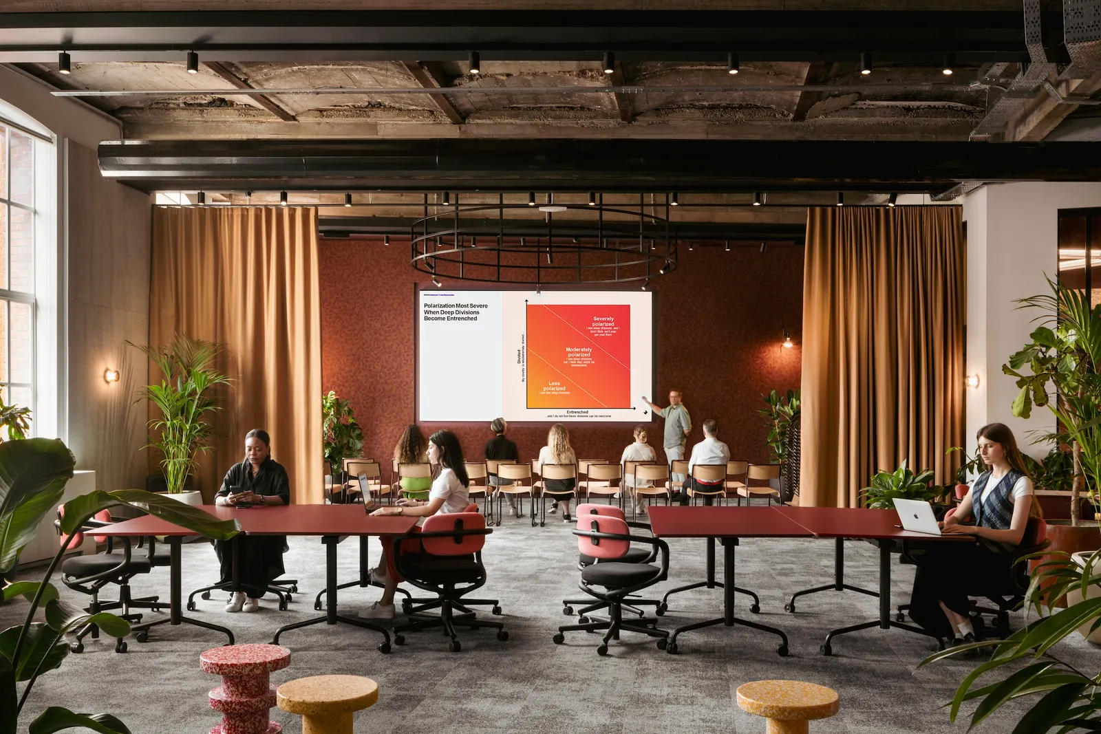People work inside a refurbished London warehouse, including exposed ceilings and a warm color palette. People work at tables together. Some attend a meeting in the background.