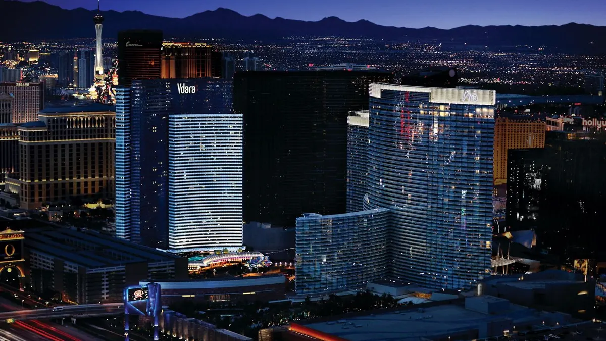 An aerial view of Aria Resort & Casino and Vdara Hotel & Spa in Las Vegas