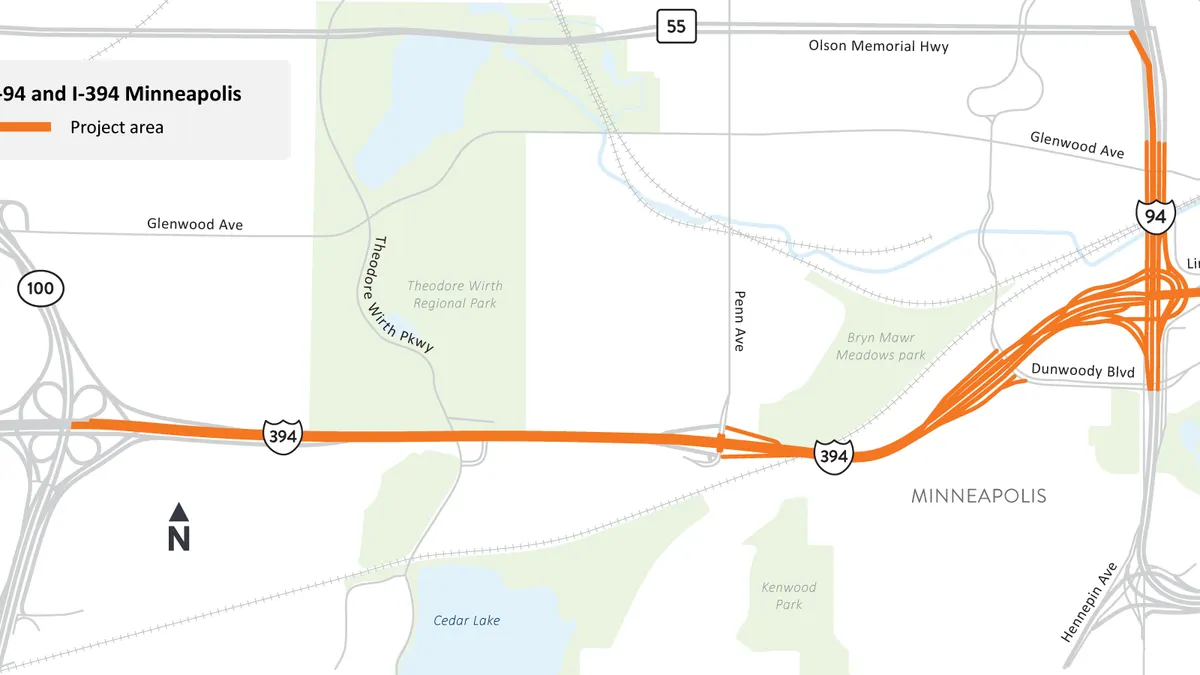 A map shows a construction project on I-94 in Minneapolis.