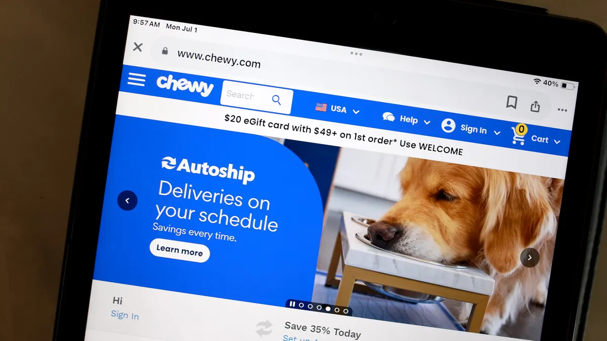 The Chewy.com website on a tablet.