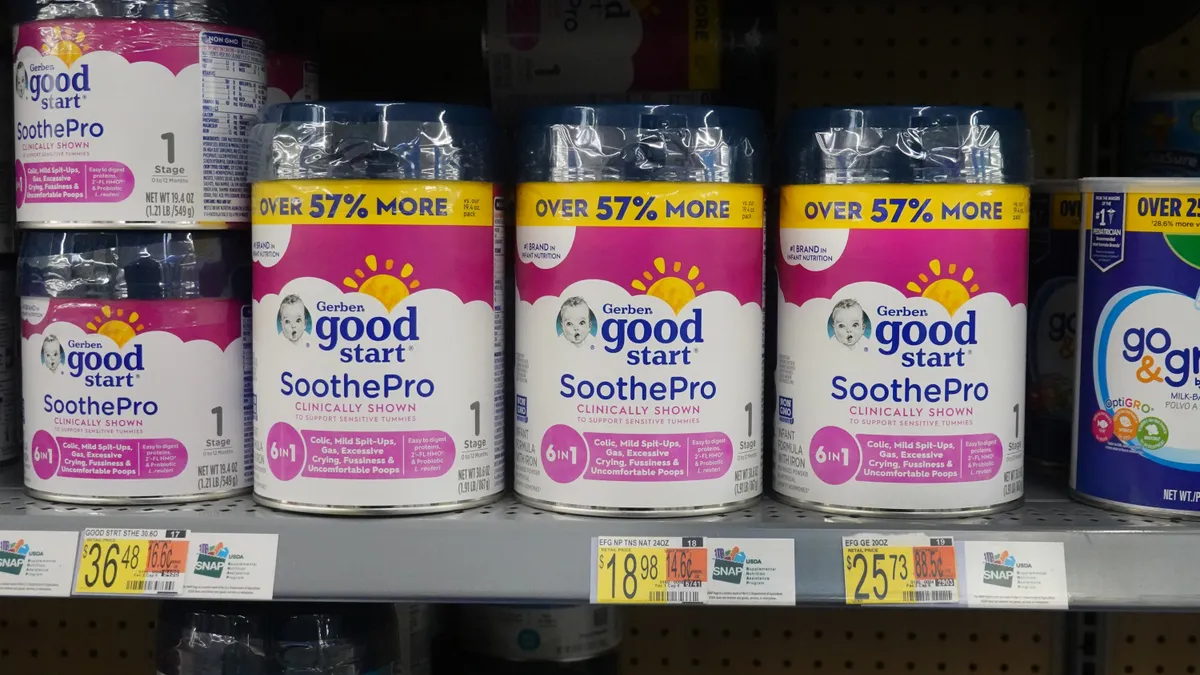 Infant formula on the shelves.