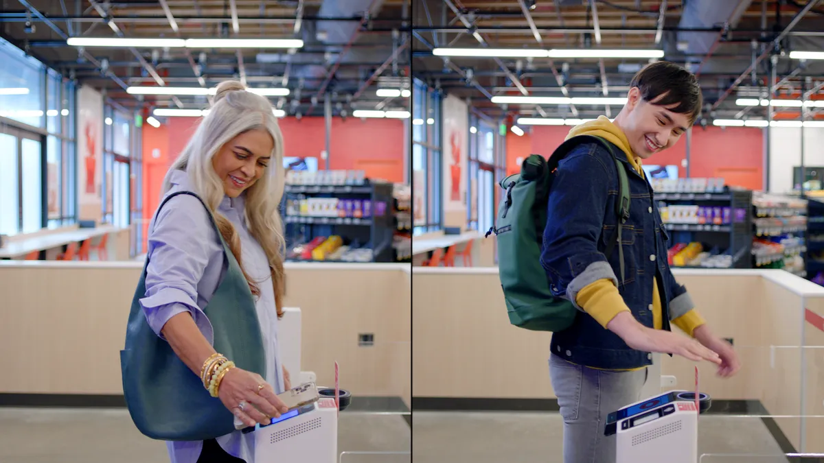 Two photos side by side of two people using Amazon Go technology at the entrance to a store.