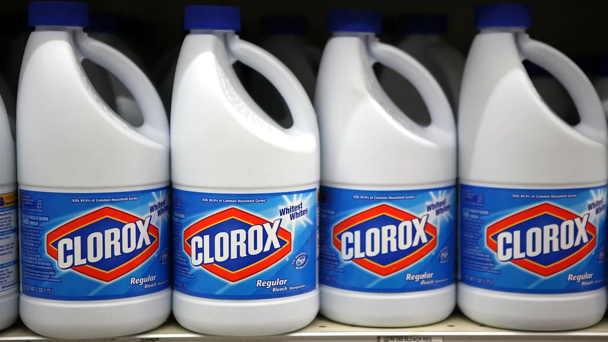 Bottles of Clorox bleach on a shelf.