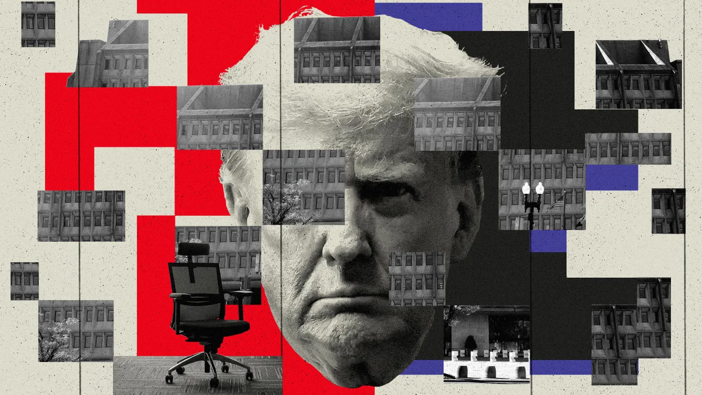 A stylized collage of Donald Trumps's portrait overlaid with Health and Human Services building in fragmented pieces.