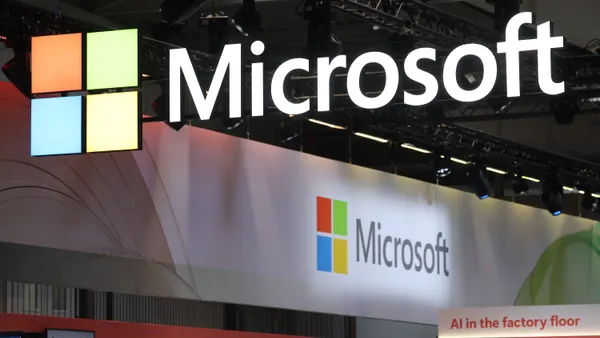 The Microsoft pavilion stands at the 2025 Hannover Messe industrial trade fair on March 31, 2025 in Hanover, Germany.