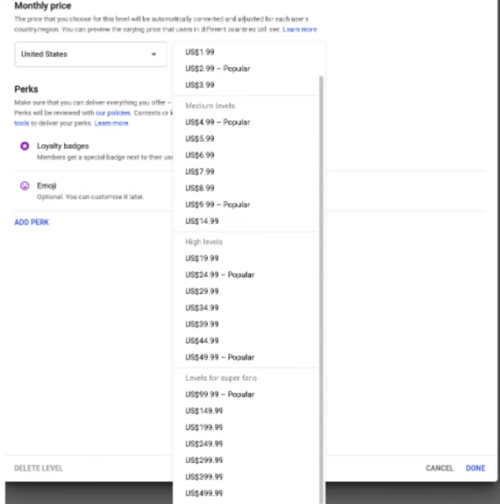 YouTube membership pricing tiers