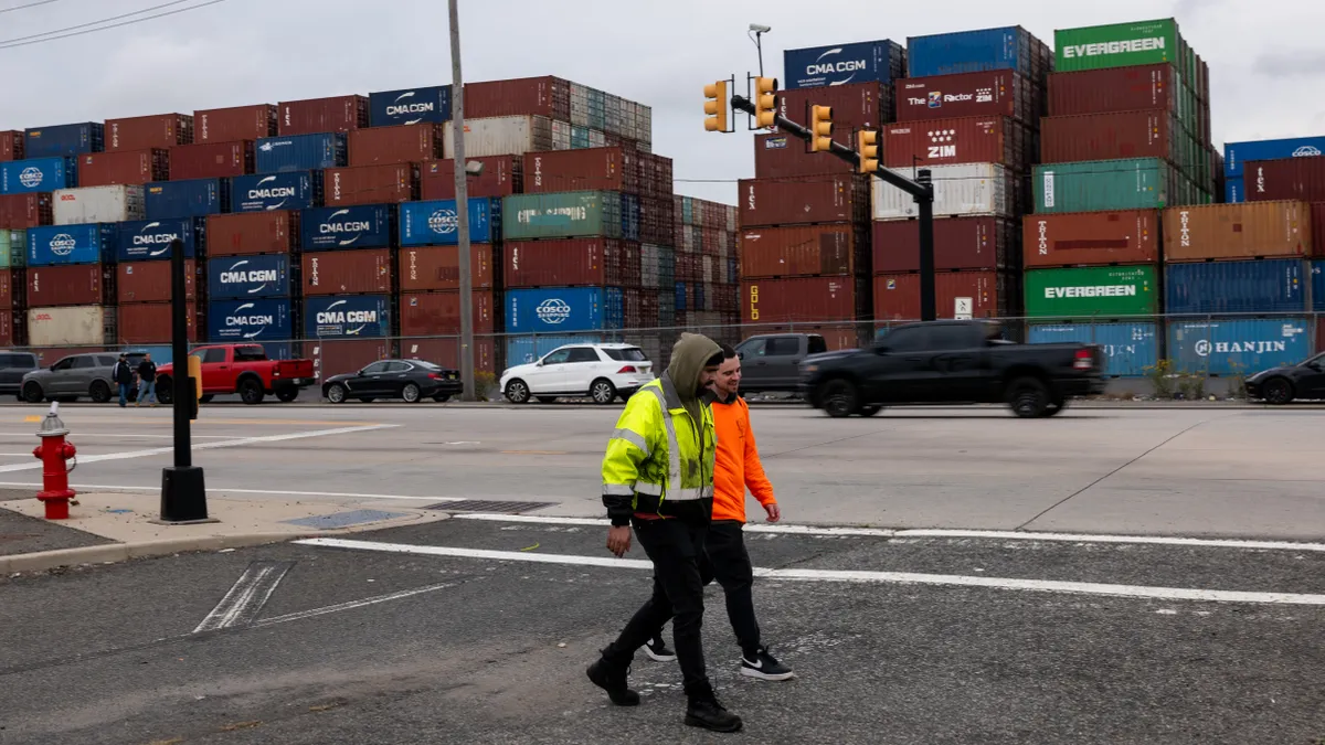 Dockworkers strike outside of the Port of Newark in Elizabeth, New Jersey.