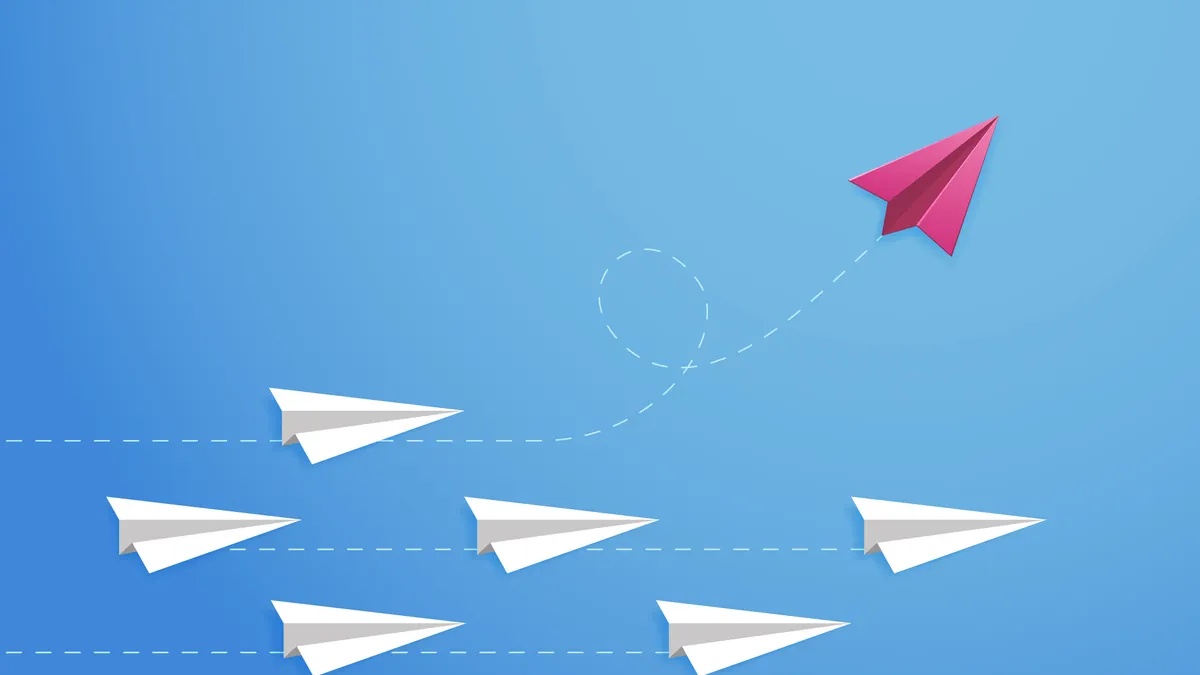 Paper plane concept. Changes direction, different opinion, new idea, leadership. Origami paper plane direction vector illustration. Leadership airplane, competition individual, different independent