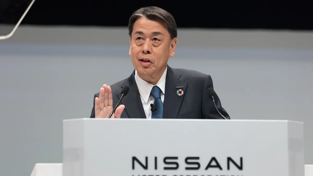 Nissan CEO Makoto Uchida speaking at the company's general shareholder meeting in Yokohama, Japan, on June 26, 2023.