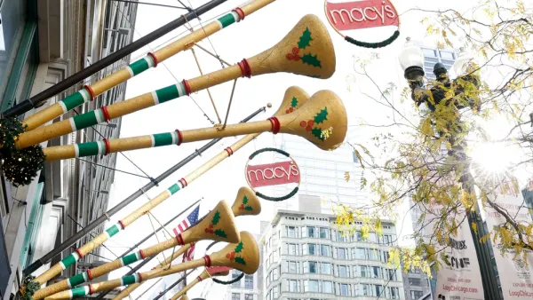 Holiday decorations on the outside of a department store.