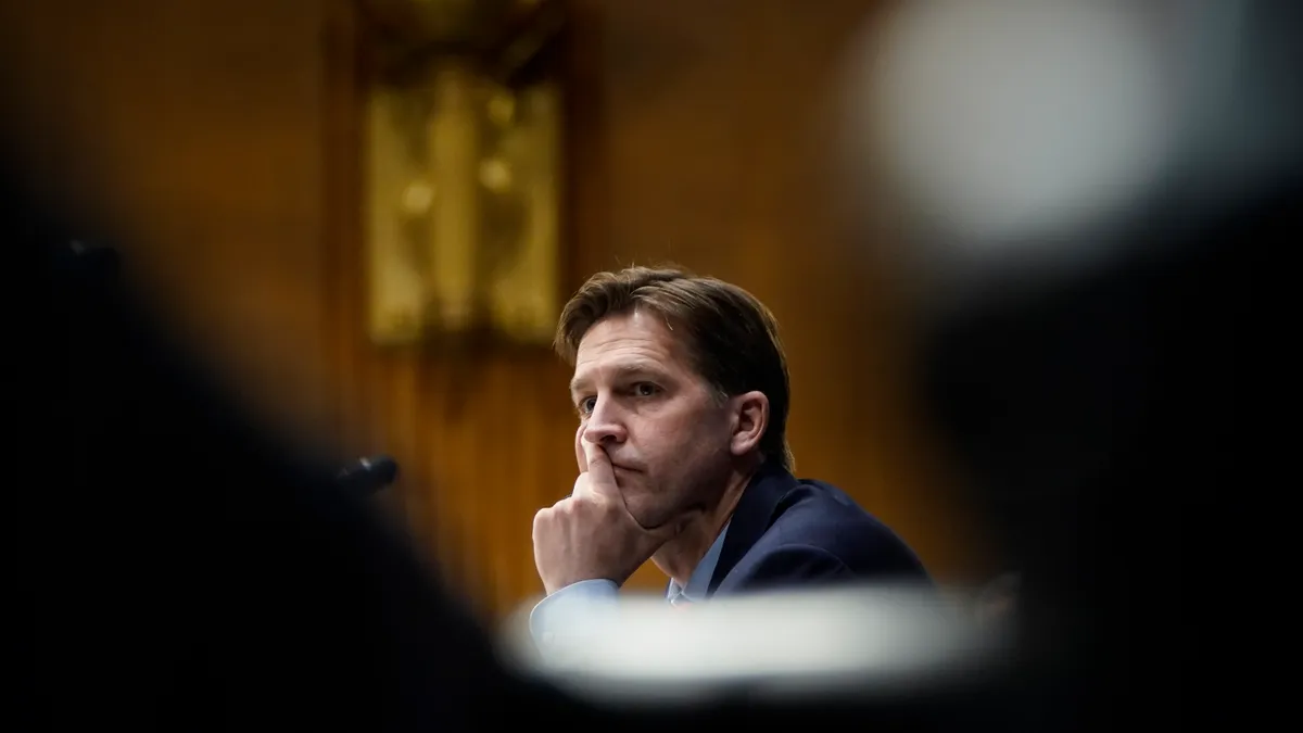 Sen. Ben Sasse looks pensyive as he questions witnesses during a Senate Intelligence Committee hearing on Capitol Hill on February 23, 2021 in Washington, DC.