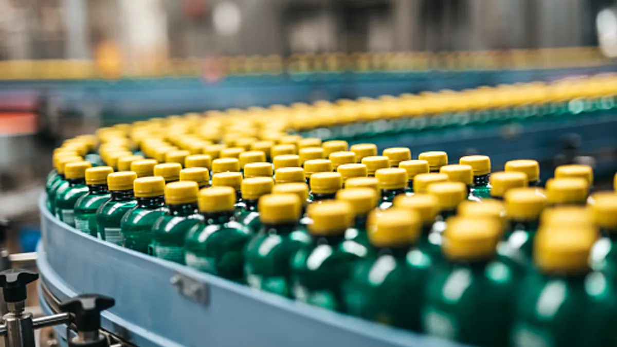 Green plastic bottles on a conveyor belt.