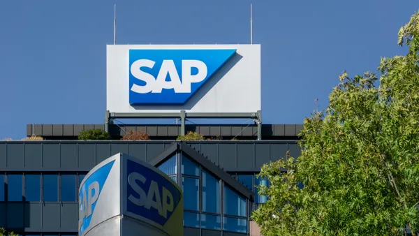 The SAP company logo on the software company's headquarters on Dec. 12, 2021 in Walldorf, Germany.