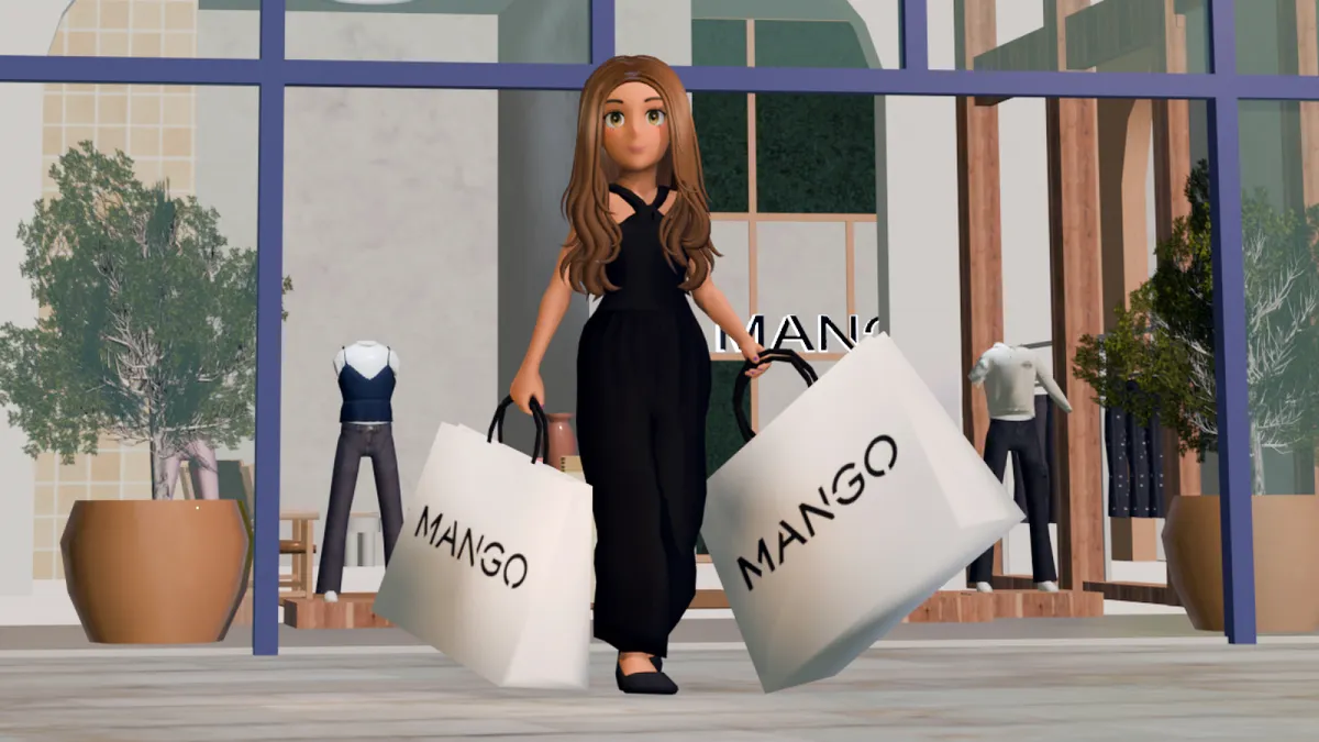 Digital image of a character holding Mango shopping bags coming out of a store.