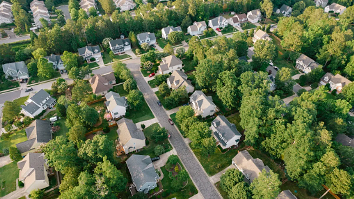 Aerial view of residential households in an American suburb