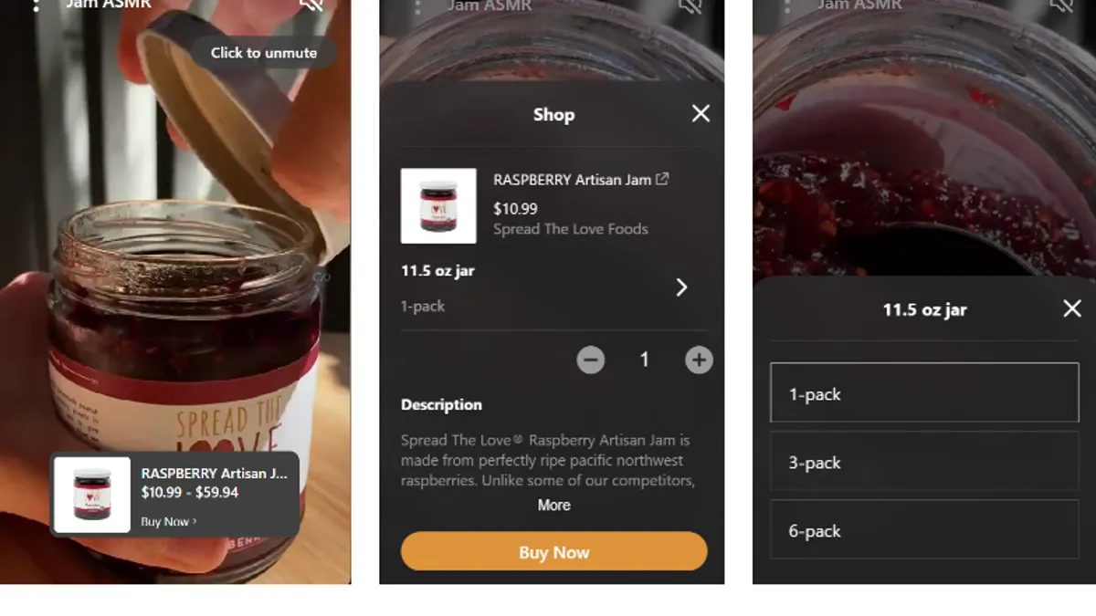 Three side-by-side screenshots of a shoppable content tool for a jam item.