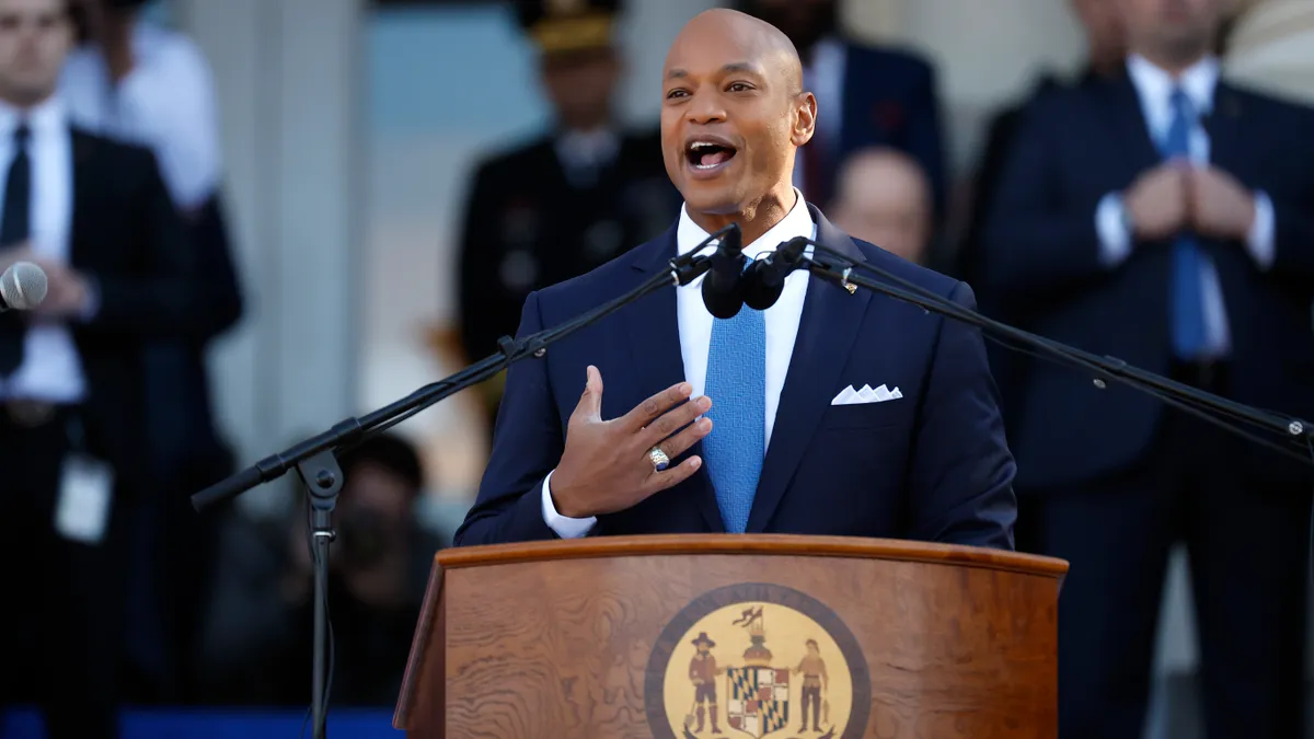 Wes Moore speaks at a podium