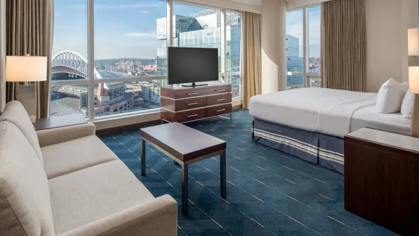 A view of the Seattle skyline from a room at the Embassy Suites Pioneer Square.