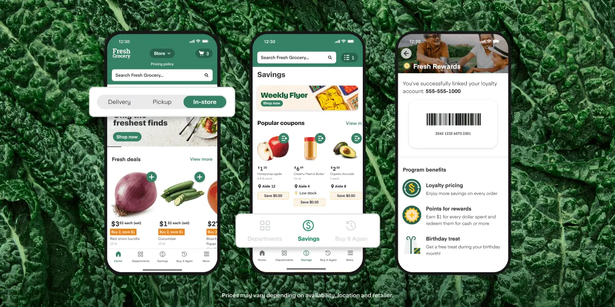 Three screenshots of a grocery app.