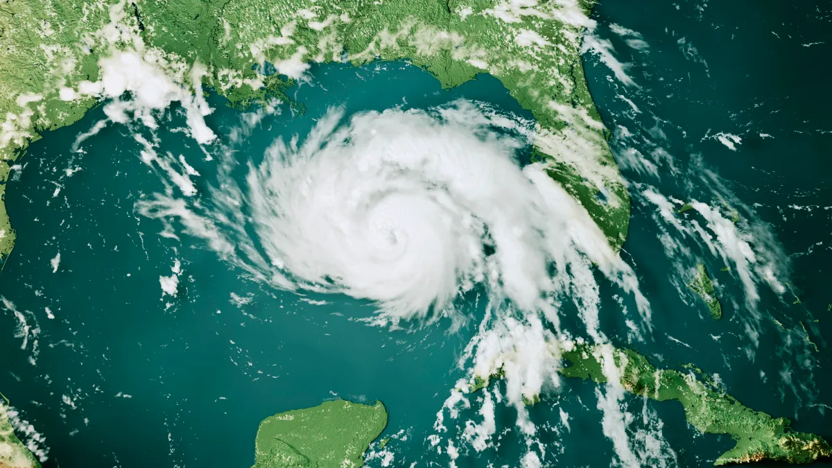 3D Render of the clouds of Hurricane Ida (Aug 28, 2021) on a Topographic Map of the Gulf of Mexico